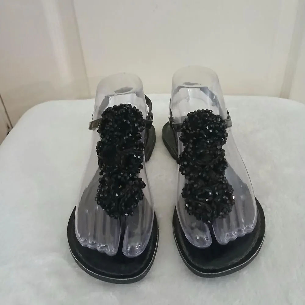 Y2K Vintage Mcbling Gianni Bini Black Beaded Cluster Flat Thong Sandals Festival